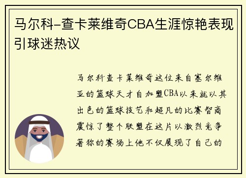 马尔科-查卡莱维奇CBA生涯惊艳表现引球迷热议